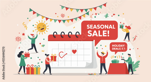 Festive Seasonal Sale and Holiday Deals Promotion. Festive illustration of a "Seasonal Sale" and "Holiday Deals" with a calendar, gifts, and cheerful figures.