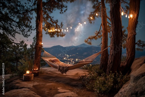Hammock Between Twisted Pines Under Milky Way on Cliff Edge with Lanterns and Blankets - Cozy Night Camping Scene, Starry Alpine Backdrop, Stargazing Retreat, Tranquil Wilderness