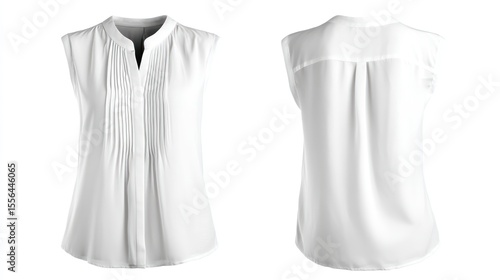 Isolated image of a sleeveless blouse with pleated front, front and back perspectives displayed side-by-side on white