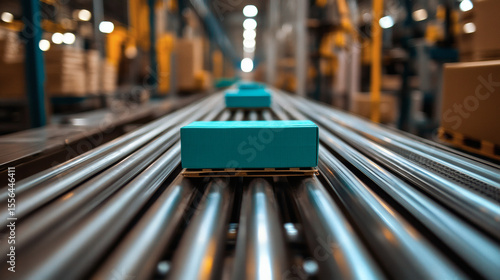 Teal Boxes Moving On Industrial Conveyor Belt