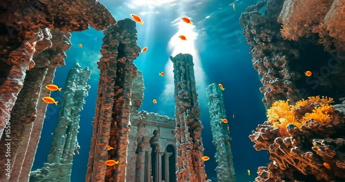 High angle shot of underwater ruins, vibrant coral, and fish swimming through sunlit pillars.