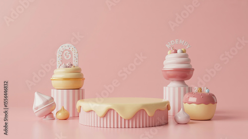 Whimsical pastel birthday cake decorations with stylish podium display on pink background