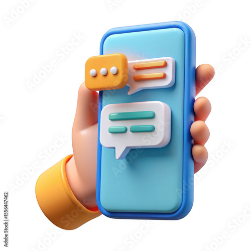 Stylized 3d hand holding a smartphone displaying chat bubbles and message notifications isolated on transparent background
