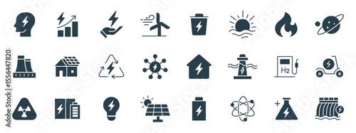 Extensive Energy and Power Glyph Icons Set - Sustainable, Renewable, and Traditional Power Vector Solid Symbols illustration