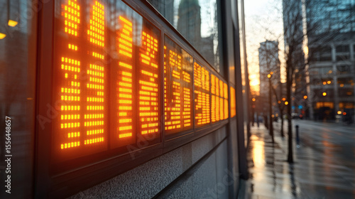 Urban Cityscape with Illuminated Electronic Display Panel at Sunrise/Sunset