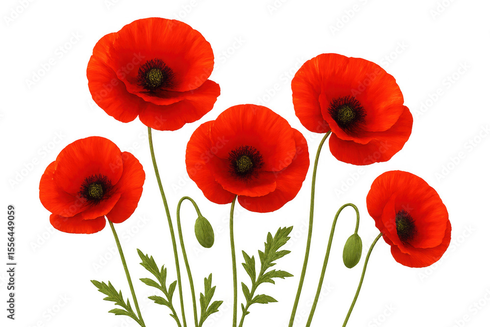 Obraz premium Five blossoming red poppies with green stems, leaves, and buds are isolated on a transparent background
