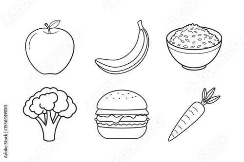 line art of bowl rice banana apple burger broccoli carrot foot items bundle on the white background 