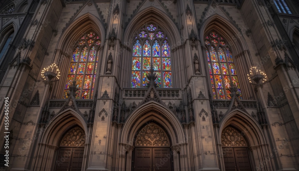 Naklejka premium Gothic Cathedral Facade With Colorful Illuminated Windows and Doors