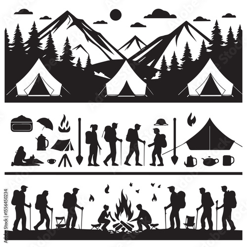 Black and white silhouette collection of camping and hiking scenes with mountains tents and people
