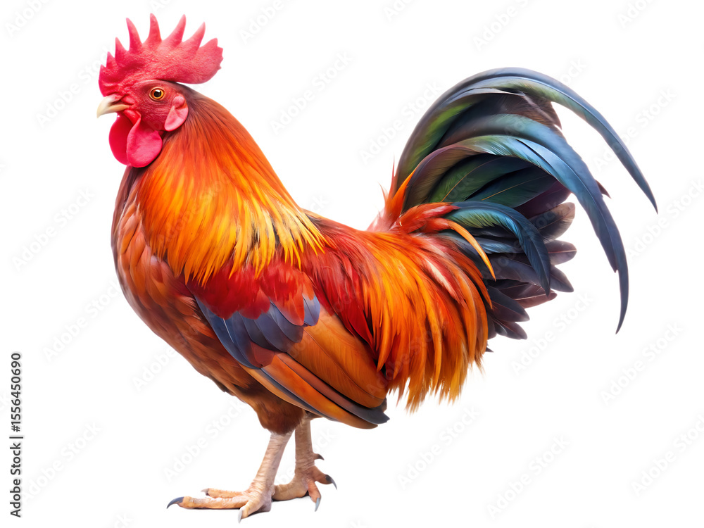 Vibrant rooster with colorful plumage standing proudly isolated on a transparent background bird fowl, PNG Vibrant rooster with colorful plumage standing proudly isolated on a transparent background bird fowl, PNG
