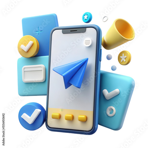 3d mobile phone with blue paper airplane and digital icons for communication and task management isolated on transparent background