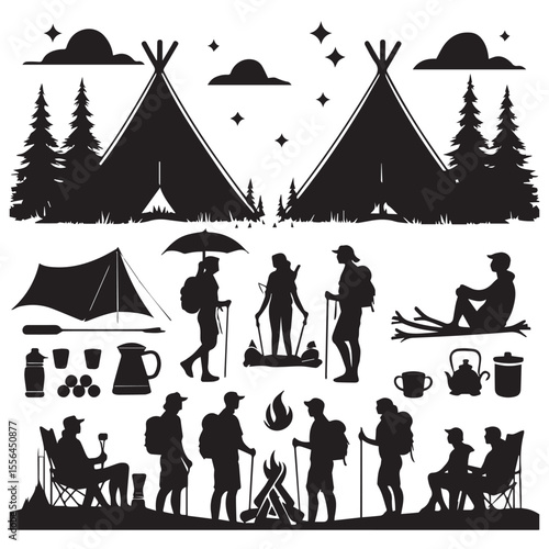 Collection of black silhouettes representing camping activities and outdoor adventures