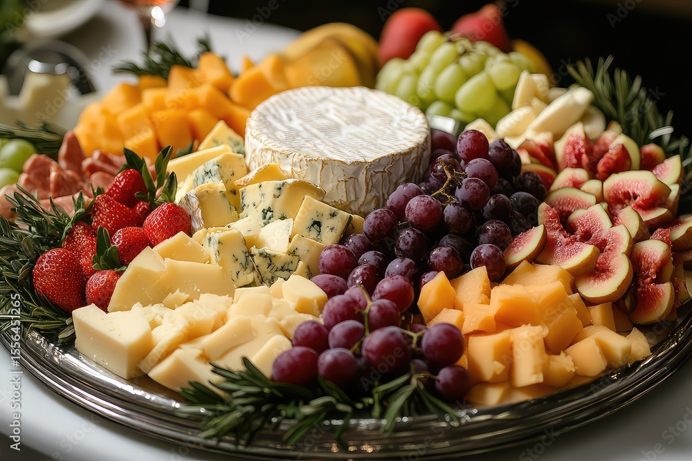 Close-up of a beautifully arranged cheese board with various cheeses, fruits, and nuts Close-up of a beautifully arranged cheese board with various cheeses, fruits, and nuts