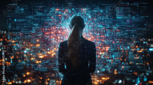 Woman Contemplating Digital Cityscape