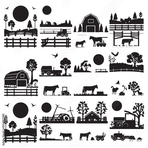 Collection of black silhouette farm scenes with barns tractors animals trees and fences