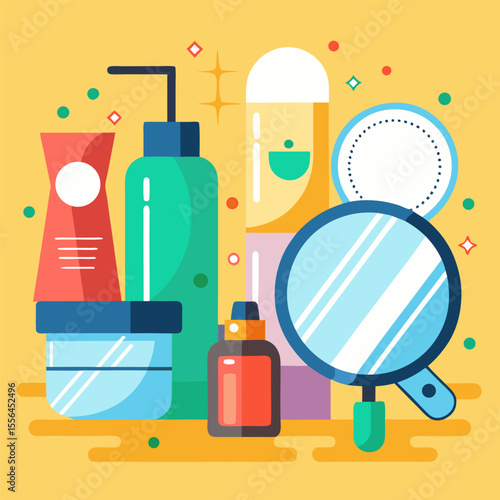 Morning beauty routine image. Cartoon style. Vector illustration.