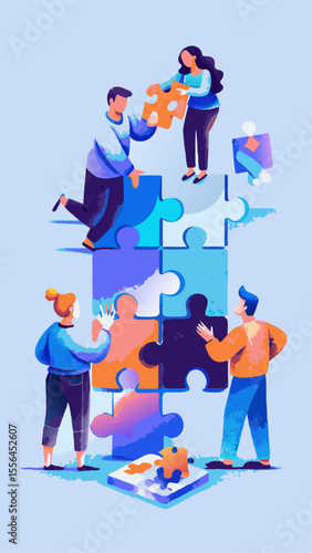 Group of people assembling a puzzle together watercolor image. Flat style. Vector illustration.