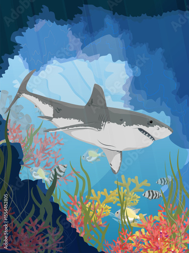 Great white shark swims in the ocean. Underwater grotto with corals and seaweed. Realistic vector vertical landscape