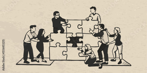 Group of people assembling a puzzle together monochrome vintage image. Flat vector illustration.