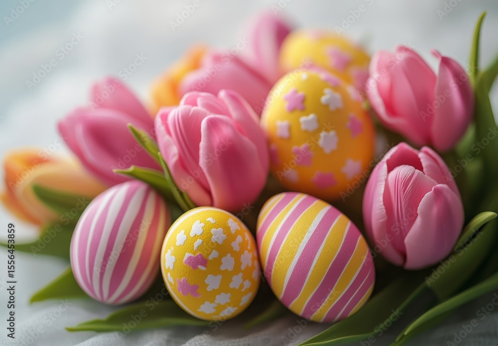 Obraz premium Colorful Easter Eggs Surrounded by Pink Tulips in Soft Light