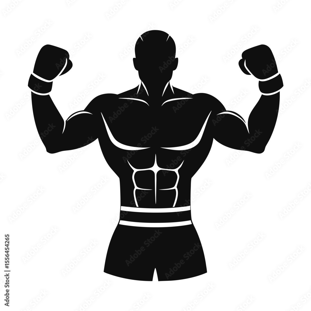 Fototapeta premium Strong boxer silhouette flexing showing muscles and wearing boxing gloves in black