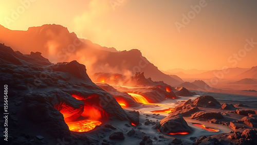 Dramatic Volcanic Landscape with Flowing Lava Streams - An alien world, surreal environment with hot lava flowing between rocky formations under an orange sunset sky, suitable for fantasy themes and