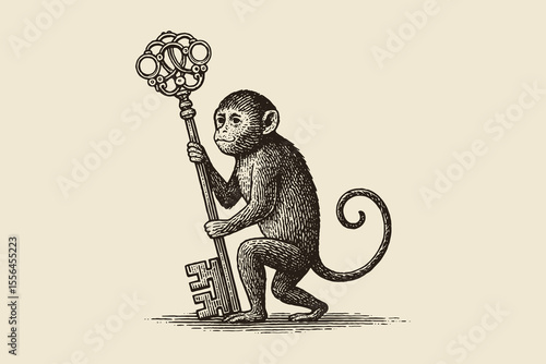 Monkey with antique key engraving style vector illustration