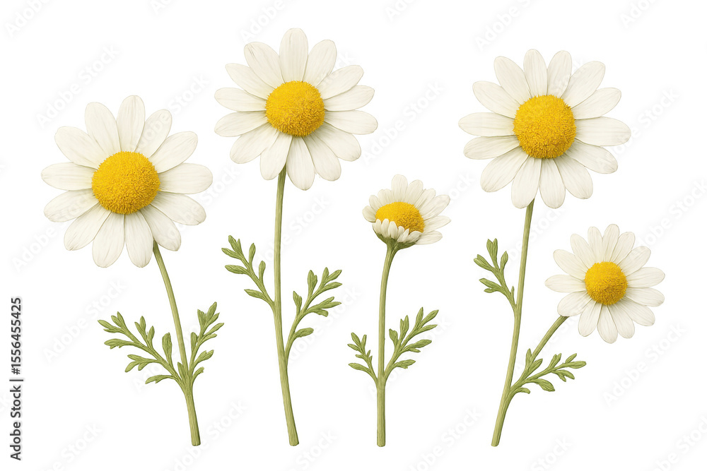 Fototapeta premium Chamomile flowers with soft white petals and golden centers standing upright, isolated on transparent backdrop, botanical closeup