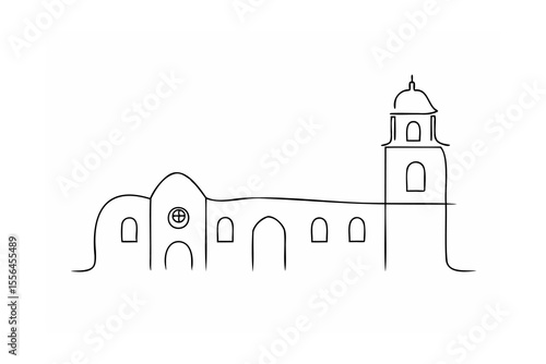 Mission style building with bell tower architecture