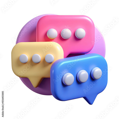 Three colorful 3d speech bubbles with dots indicating conversation or messaging isolated on transparent background