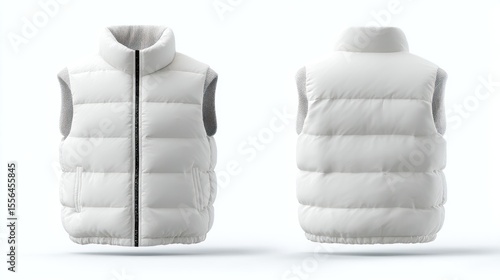 Product showcase of a down-filled winter vest, front and back perspectives, white background, photorealistic