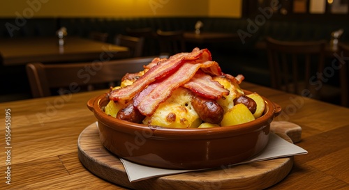 Coddle sausage and potato casserole with bacon on a restaurant table