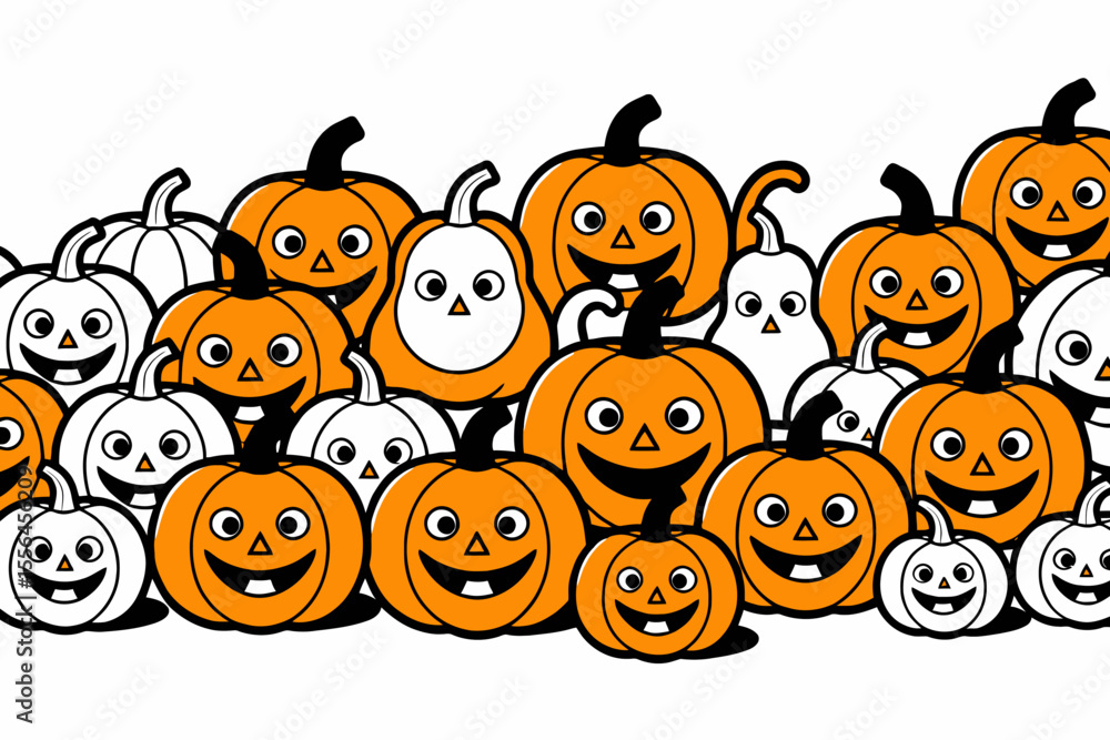 Obraz premium Cartoon Pumpkins for Halloween - Fun and Festive Orange and White Pumpkin Illustration - Cute Halloween Decoration Design with Smiling Pumpkins