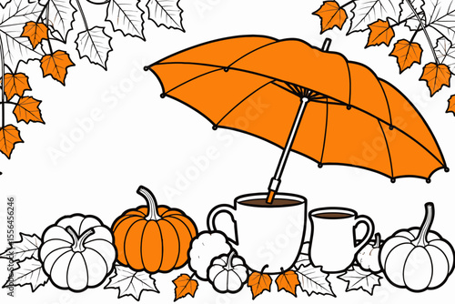 Cozy Autumn Scene with Pumpkins and Coffee-Featuring an orange umbrella-Fall coloring page perfect for chilly days-Enjoy the season with this cute design