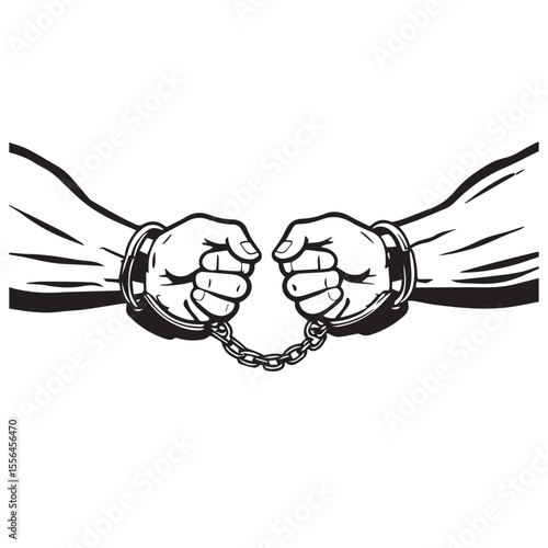 Stylized illustration of two hands clasped together by metal handcuffs and a connecting chain