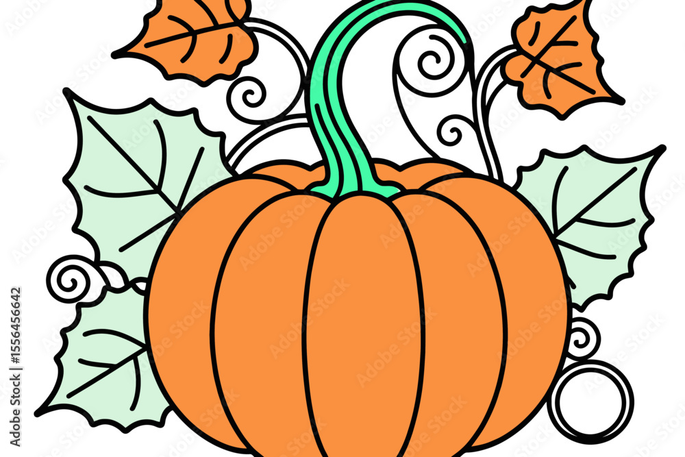 Naklejka premium Cute Pumpkin Illustration-Fall Harvest Decor-Festive Autumn Graphic-Cheerful Halloween Design-Vibrant Orange Pumpkin with Green Stem and Curly Vines-Seasonal Art