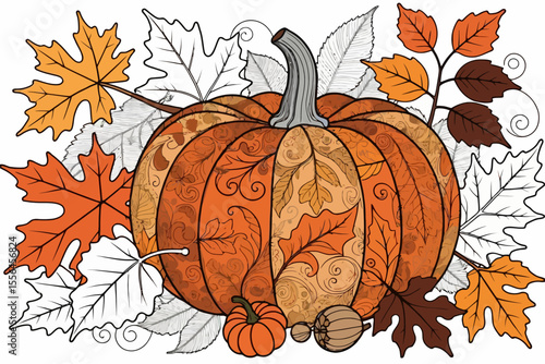 Fall Pumpkin Art with Intricate Leaf Designs-Perfect for Autumn Decor and Thanksgiving Celebrations-Festive Harvest Season Image with Detailed Pumpkin Pattern-Ideal for Creative Projects