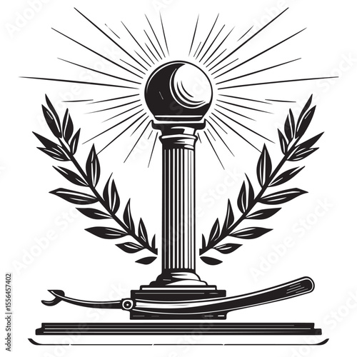 Stylized emblem featuring a column with a crescent moon and rays of light surrounded by laurel branches and a straight razor