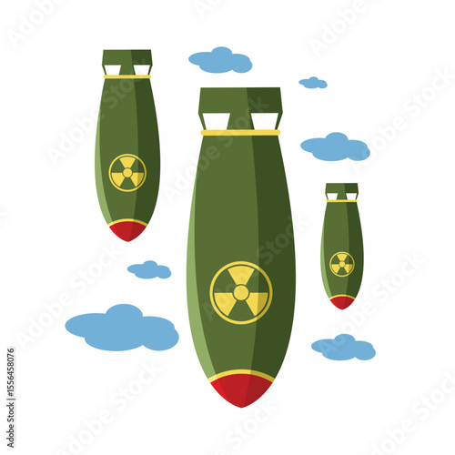 Digital cartoon illustration depicting green flying missiles adorned with nuclear symbols against a backdrop of a bright sky with fluffy clouds.