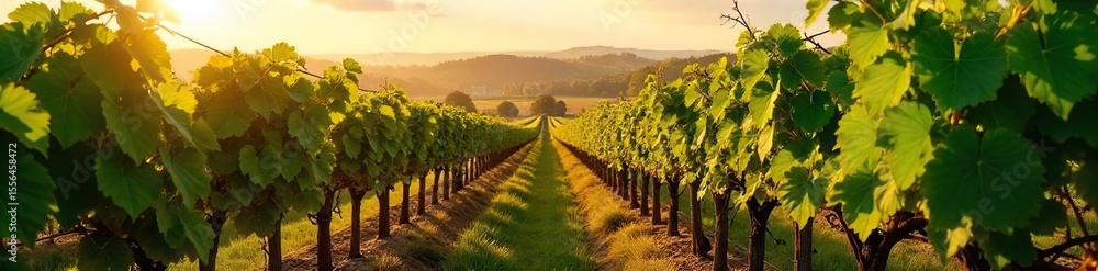 Naklejka premium Sun-drenched Grapevines Stretching to the Horizon A Picturesque Vineyard Scene Perfect for Wine, Agriculture, and Travel