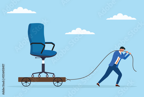 Vector illustration of a businessman pulling a large chair on a trolley with a rope, depicting the effort to manage heavy workloads and responsibilities in a corporate setting
