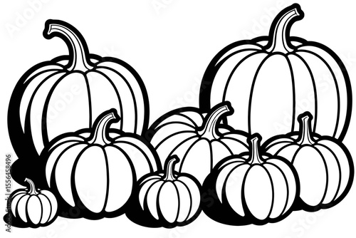Pumpkin Patch Outline Image- Fall Harvest Coloring Page- Black and White Pumpkins for Creative Projects- Printable Halloween Decorations- Autumn Themed Design