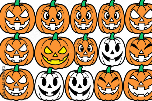 Spooky Halloween Pumpkins-Festive Jack-o-Lanterns-Orange and White Pumpkin Faces-Cartoon Halloween Imagery-Fall Decor-Pumpkin Patch-Trick or Treat Season