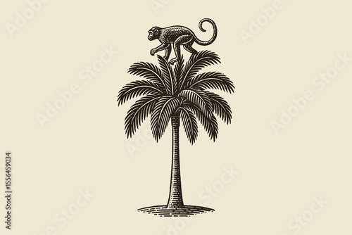 Monkey on palm tree engraving style vintage vector illustration