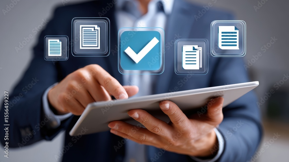 Business Professional Checking Documents on Tablet with Digital Approval Interface and Checkmark Business Professional Checking Documents on Tablet with Digital Approval Interface and Checkmark