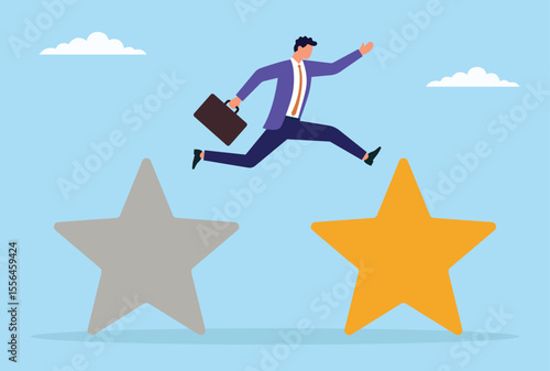 Vector illustration of a businessman jumping from a dull star sign to a bright one, symbolizing improved customer reviews, enhanced reputation, and growth in business success
