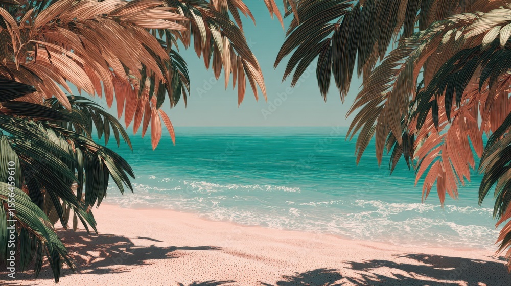 Fototapeta premium The leaves of palm trees on Sunny tropical beach. Summer vacation and tropical beach background concept : Generative AI