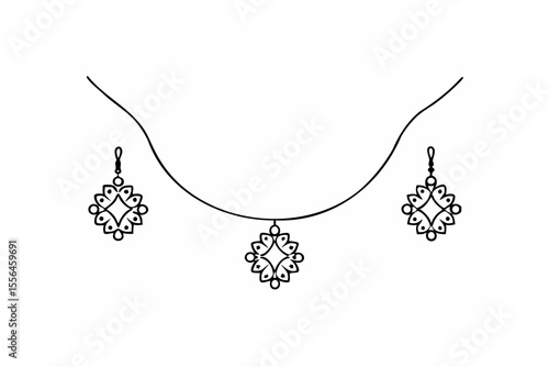 Black ink drawing of necklace and earrings jewelry