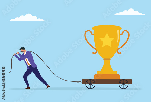 Vector illustration of a businessman pulling a large trophy on a trolley with a rope, symbolizing the hard work, determination, and persistence required to achieve success and recognition
