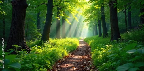 Magical Sunlit Forest Path Winding Trail Through Lush Green Foliage, Perfect for Travel, Nature, and Adventure Photography
